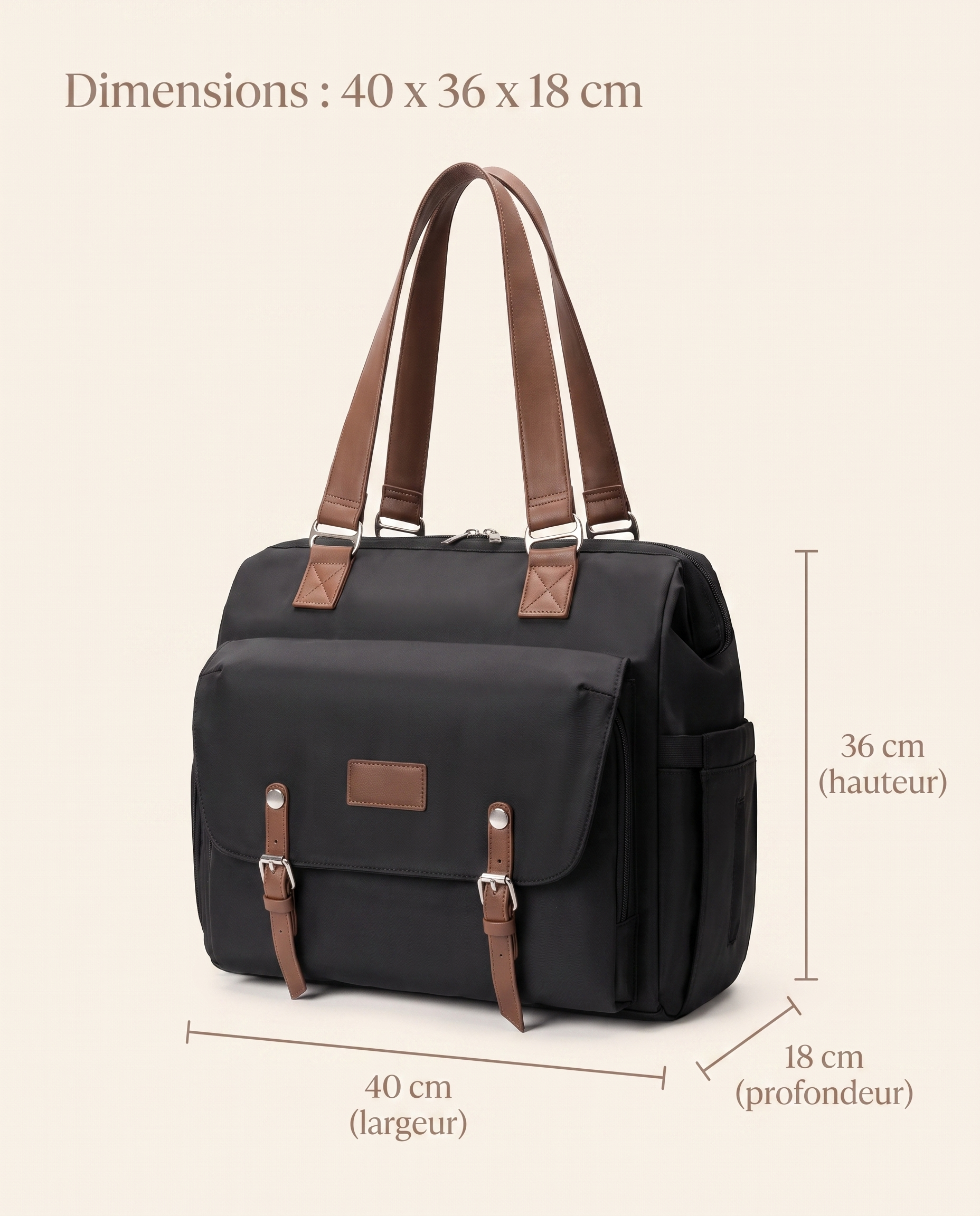Sac à dos à langer vintage Tendrinette · Noir · dimensions